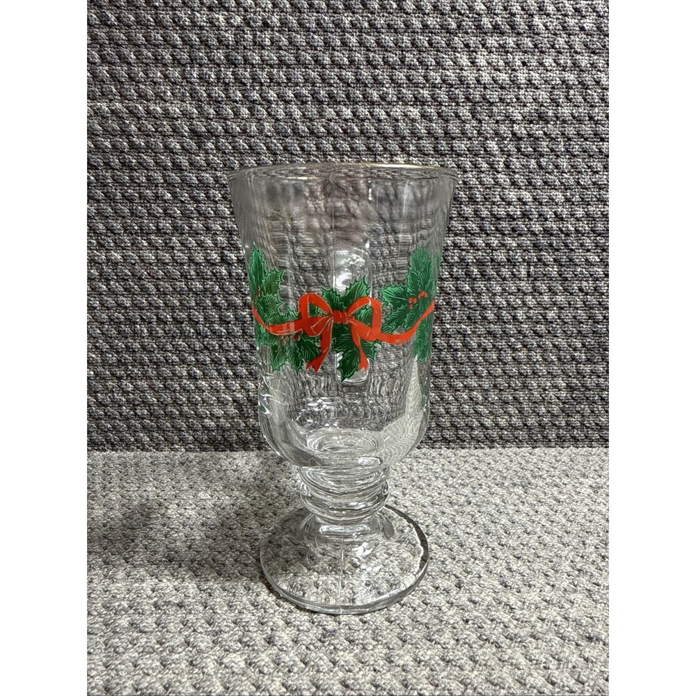 VTG Libbey Christmas Holly Berry Pedestal Irish Coffee Glass Mug Gold Rim
